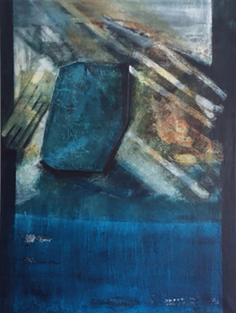 IMG_2128a Glinsteringen - metaal sponsen, acryl op doek - mixed media - 40 x 120 cm